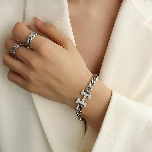 Letter H Silver Chain Bracelet