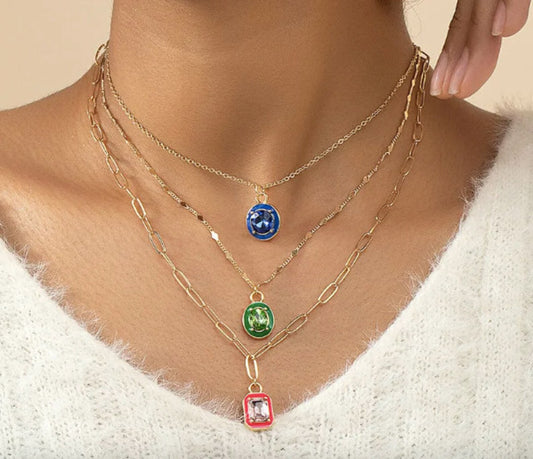 Set of 3 Pendant Necklaces | Green Blue and Red Charms