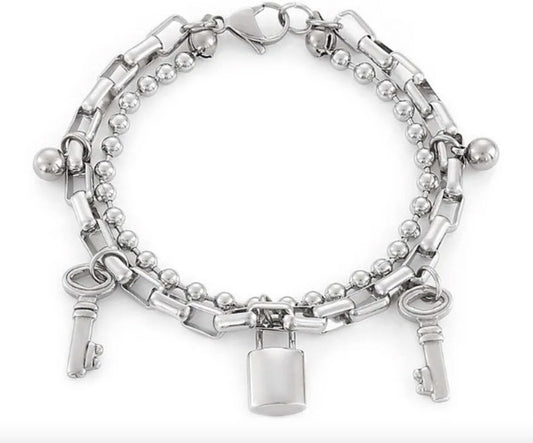 Silver Chain Bracelet with Lock and Key Charms