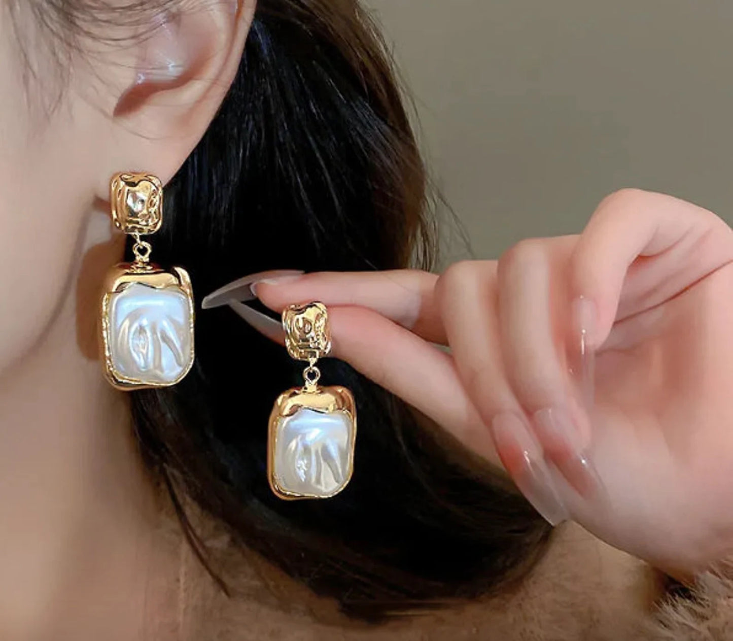 Square Pearl and Gold Earrings
