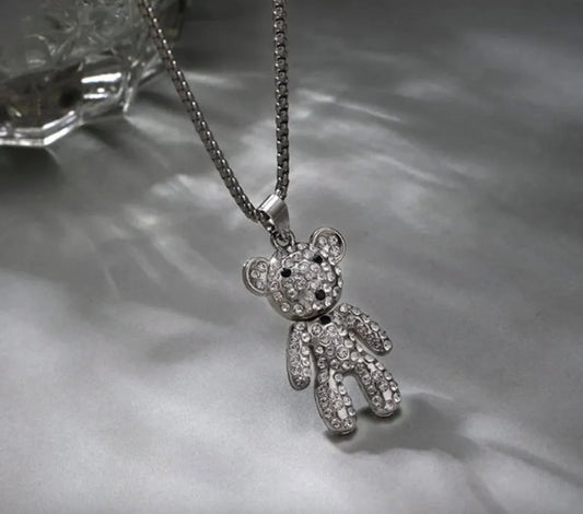 Rhinestone Teddy Bear Pendant Necklace