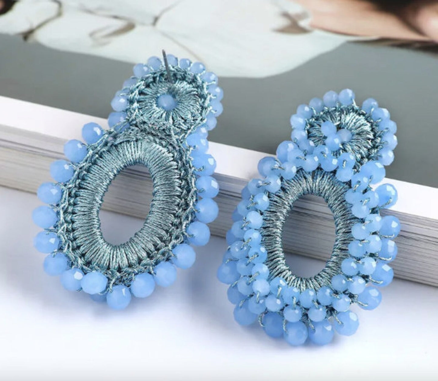Oval Blue Beaded Drop Earrings