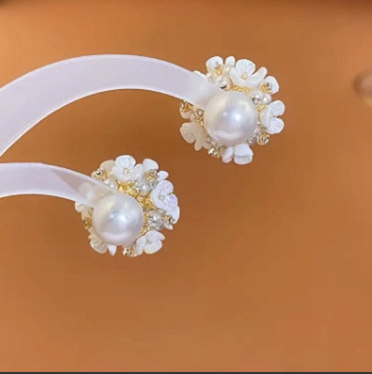 Flower Disco Ball Gold Pearl Earrings