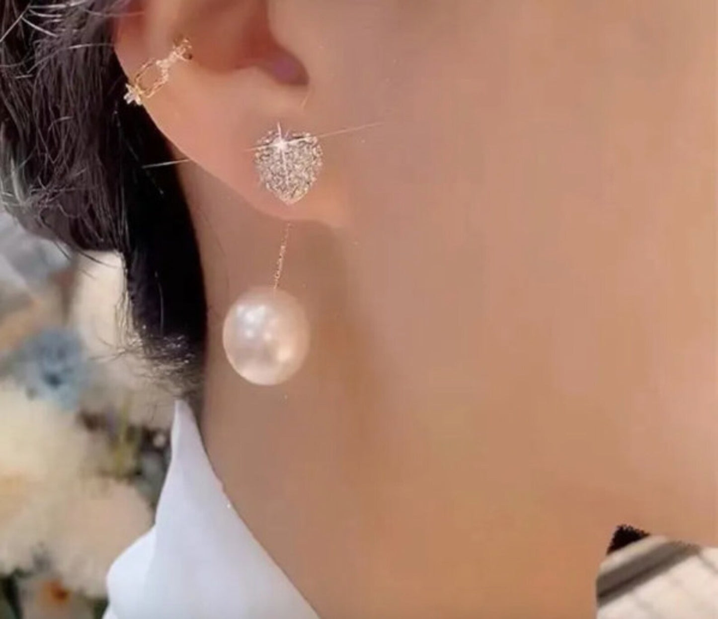 Pearl and Heart Rhinestone Inlay Earrings