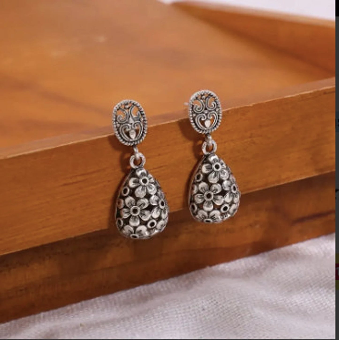 Intricate Silver Flower Drop Earrings