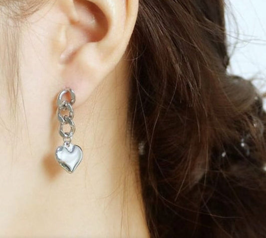 Silver Chain and Heart Minimalist Earrings