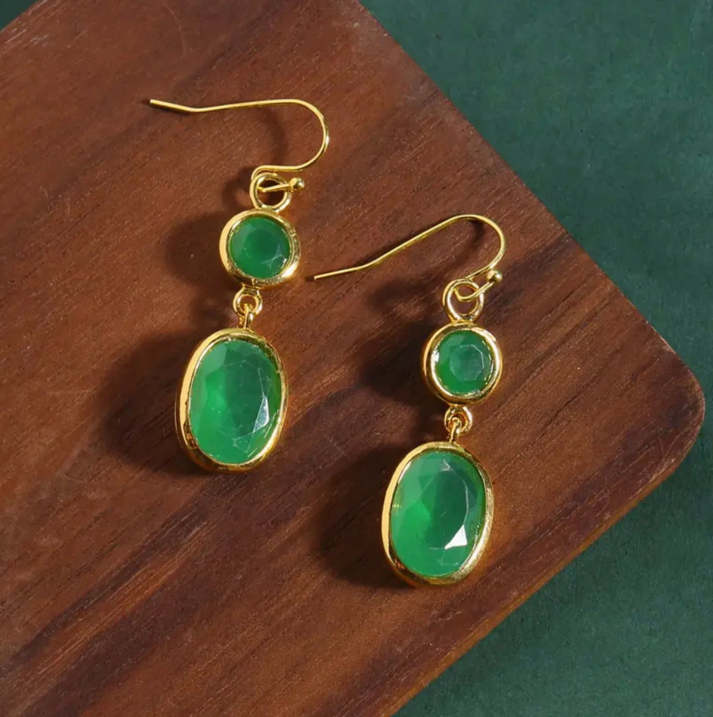 Emerald Green and Gold Dangly Oval Earrings