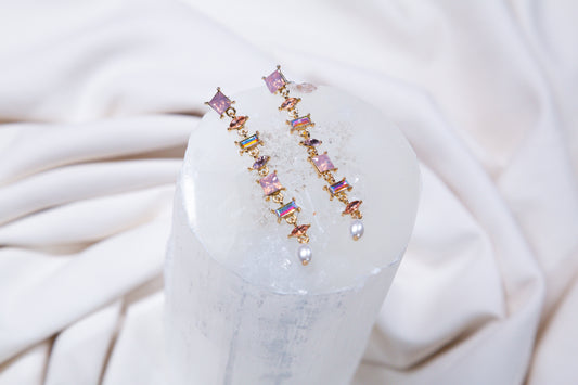 Geometric Pink Rhinestone Dangly Earrings