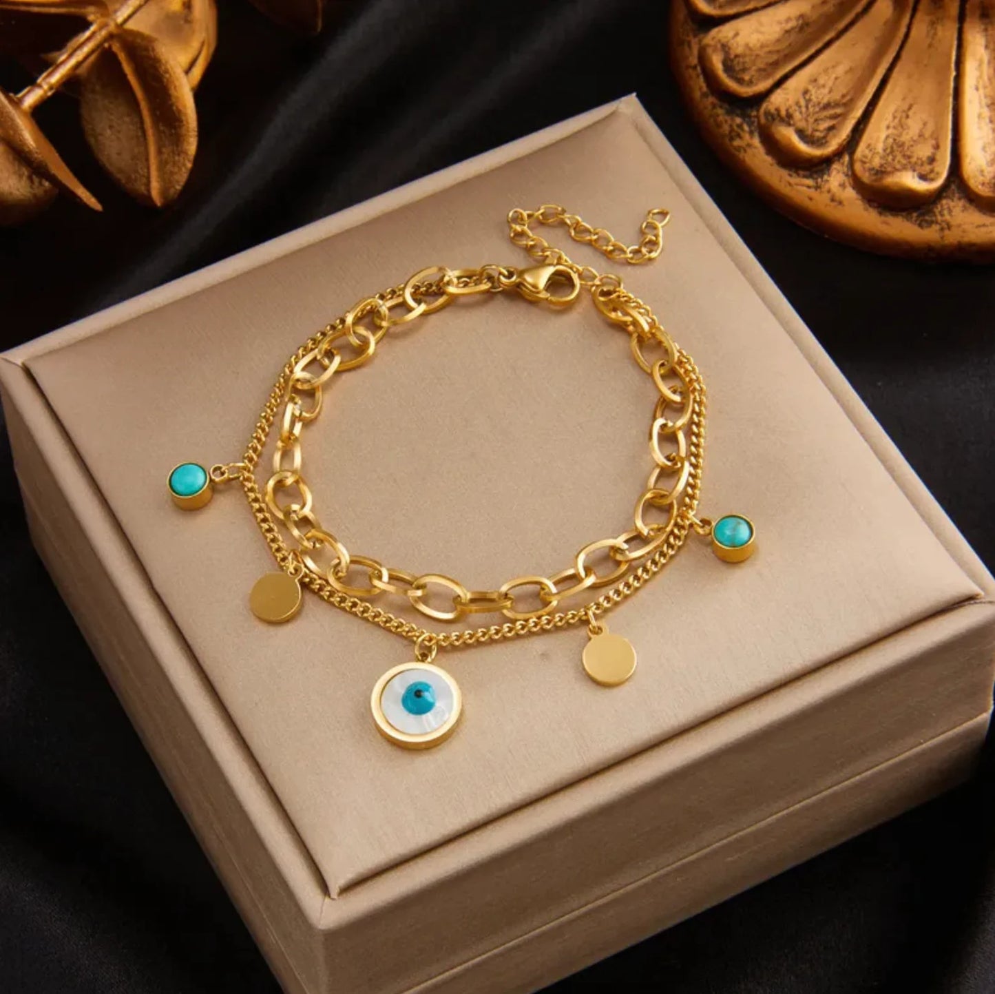 Evil Eye Turquoise and Gold Titanium Steel Bracelet